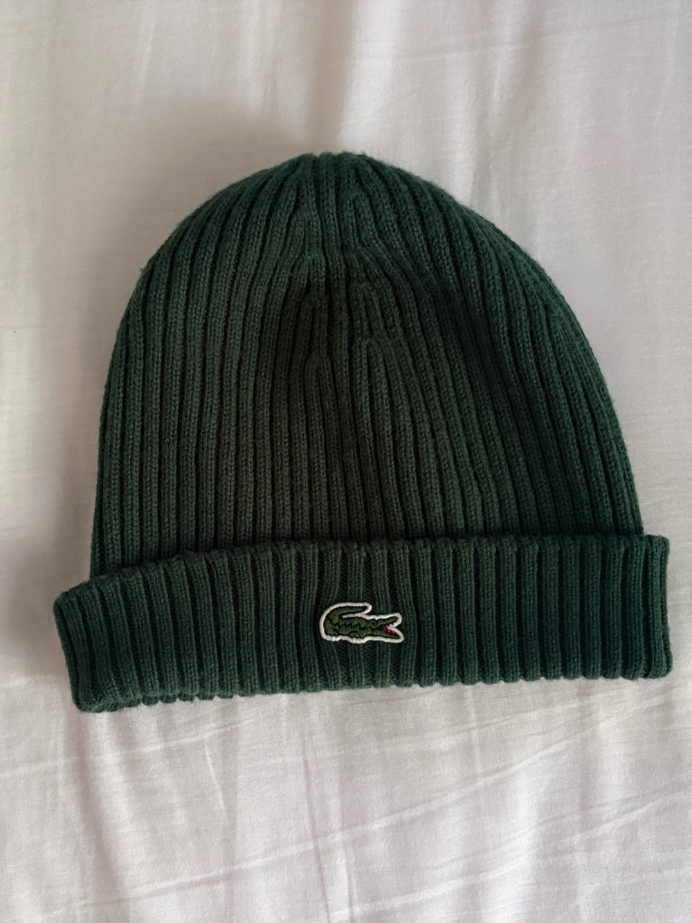 Lacoste Dark Green Ribbed Knit Beanie with Crocodile Logo